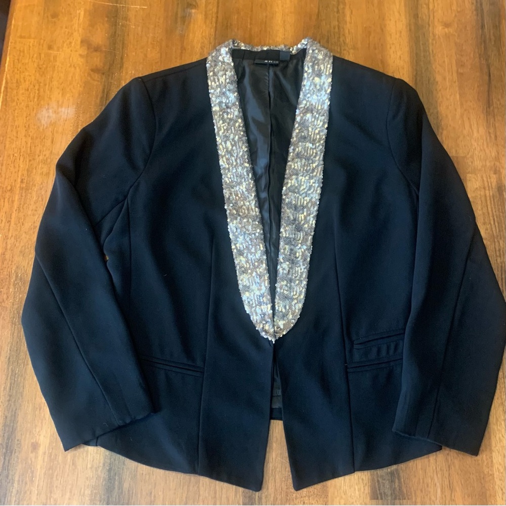 a.n.a Blazer Large Black with Silver Sequin Collar Open Front Formal Party Tux
